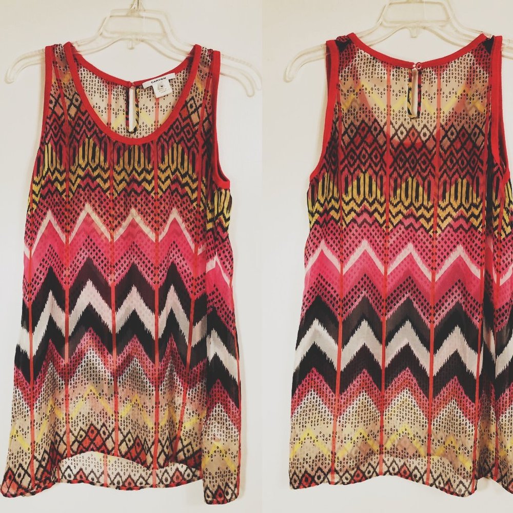 Vintage Carven Silk Chiffon Pink Print Knit Trim Long Sleeveless Top Oversized